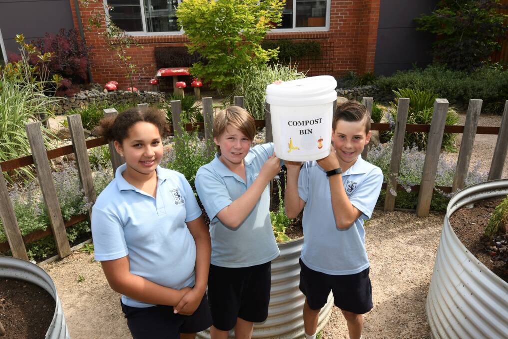 TAKING ACTION: St James Parish School pupils Mimi, Kaiden and Lachlan have helped the school achieve three-star ResourceSmart School accreditation. Picture: Lachlan Bence