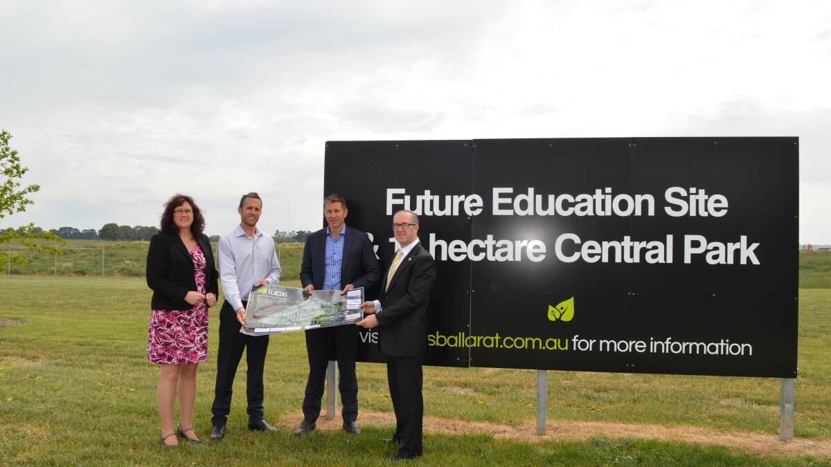 NEW SITE: CEOB assistant director finance and administration Julie Duynhoven, CEOB planning, risk and infrastructure manager Brad Carr, Integra land development manager Nick Grylewicz and Father Justin Driscoll at the school site in Lucas.