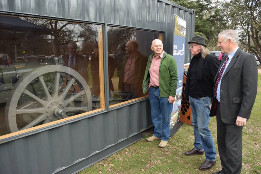 RESTORATION: Barry Lyle from Miller Brothers, Barry Hore from Sovereign Hill and Cr John Philips at the unveiling of the refurbished German artillery from WWI. 