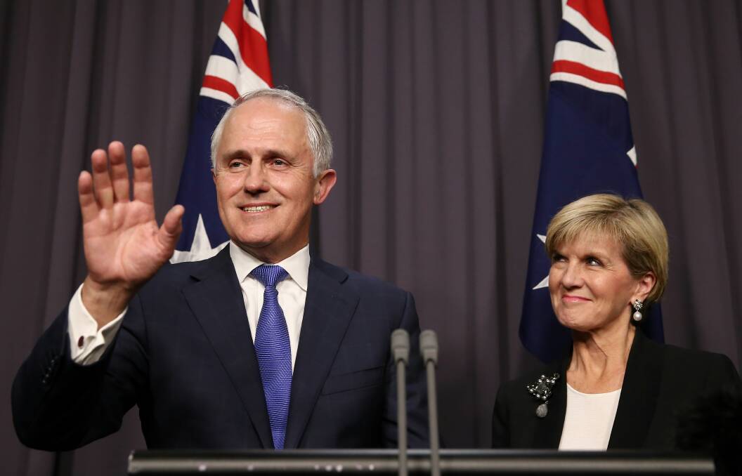 Prime Minister-designate Malcolm Turnbull with deputy Liberal leader Julie Bishop. Picture: ALEX ELLINGHAUSEN