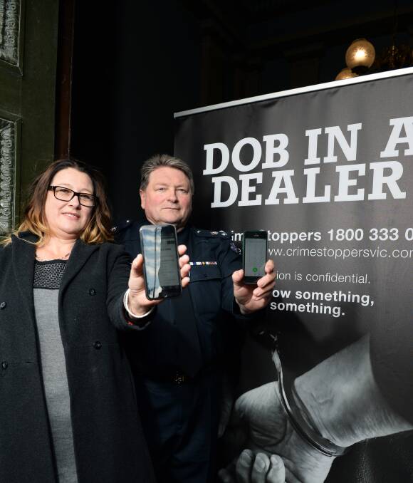 BREAK THE ICE: Crime Stoppers Victoria CEO Sam Hunter and Superintendent Andrew Allen call on Ballarat residents to report any information relating to drug supply to Crime Stoppers on 1800 333 000. Picture: Kate Healy 