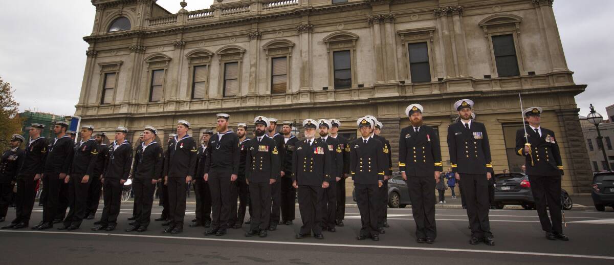 CEREMONY: Sailors and officers march through Ballarat. Picture: Luka Kauzlaric 
