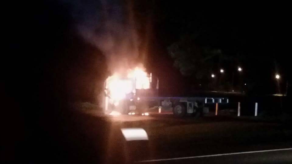 ON FIRE: Firefighters were called to a truck fire in Miners Rest overnight. Picture: Dayne Thompson.