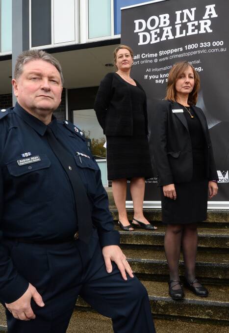 CALL IN: Ballarat Police Superintendent Andrew Allen, Crime Stoppers chief executive Samantha Hunter and Catherine Darbyshire launch the campaign. 