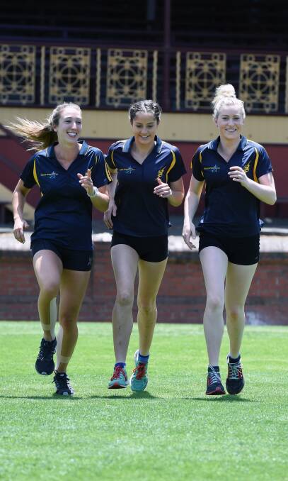 WARMING UP: (From left) Tara Domaschenz, Grace O'Dwyer and Holly Dobbyn are all in support of equal prizemoney at the Ballarat Gift. Picture: Kate Healy