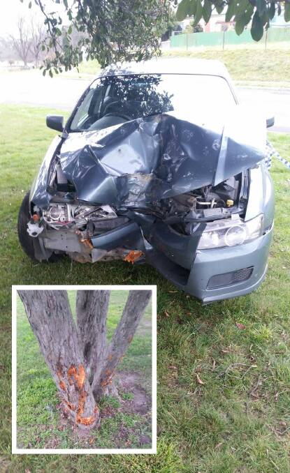 WRITE-OFF: Stunned Creswick residents awoke on Saturday to a smashed up car that crashed into a tree in the heart of the town near the information centre. Picture: Facebook