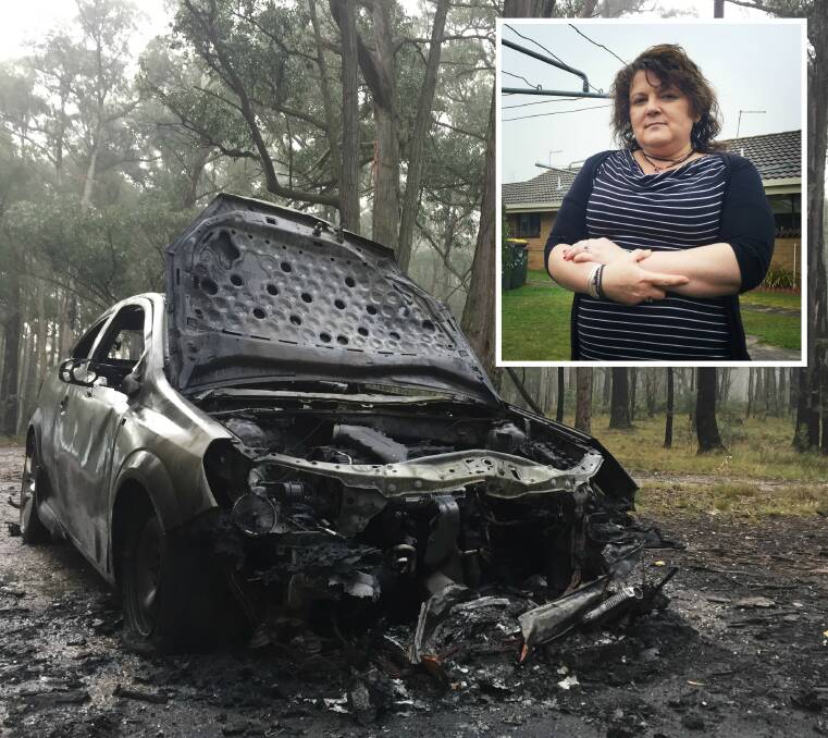 CAR FIRE SPATE: This burnt hatchback was found in bushland east of Invermay on June 14. Wendouree resident Diana Allie (inset) was told by police that her torched car was found on the outskirts of Shepparton on Monday.