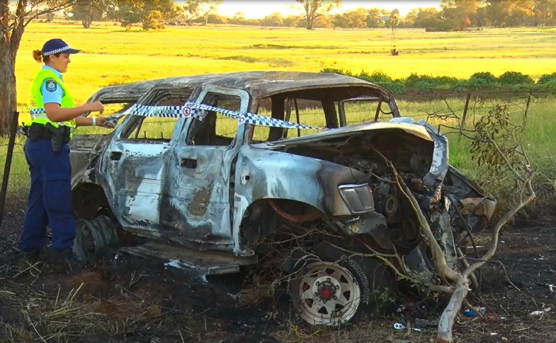 A heroic motorist saved a father and son from this burning car near Yeoval on Saturday. Photo: TOP NOTCH VIDEO
