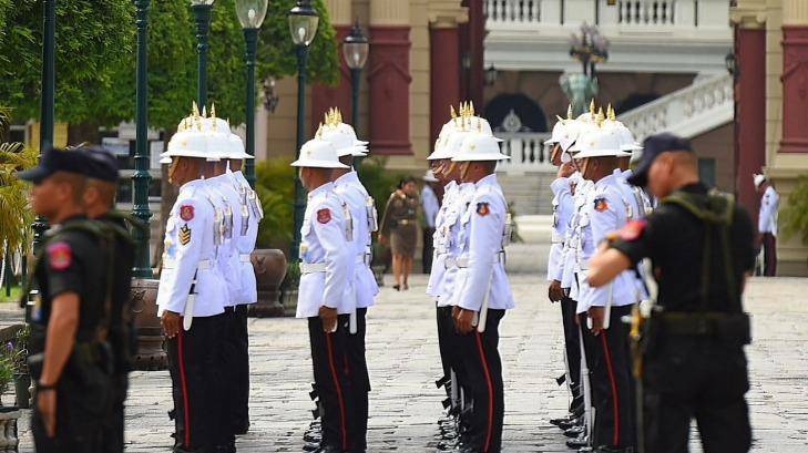 A military unit inside The Grand Palace following the death of King Bhumibol. Photo: Kate Geraghty