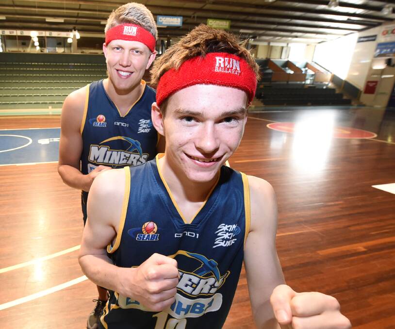 MINER TIME: Ballarat Miners basketballers Tristan Fisher and Chris Smith are Run Ballarat-ready to lead the Kids 1km event on Sunday. Picture: Lachlan Bence