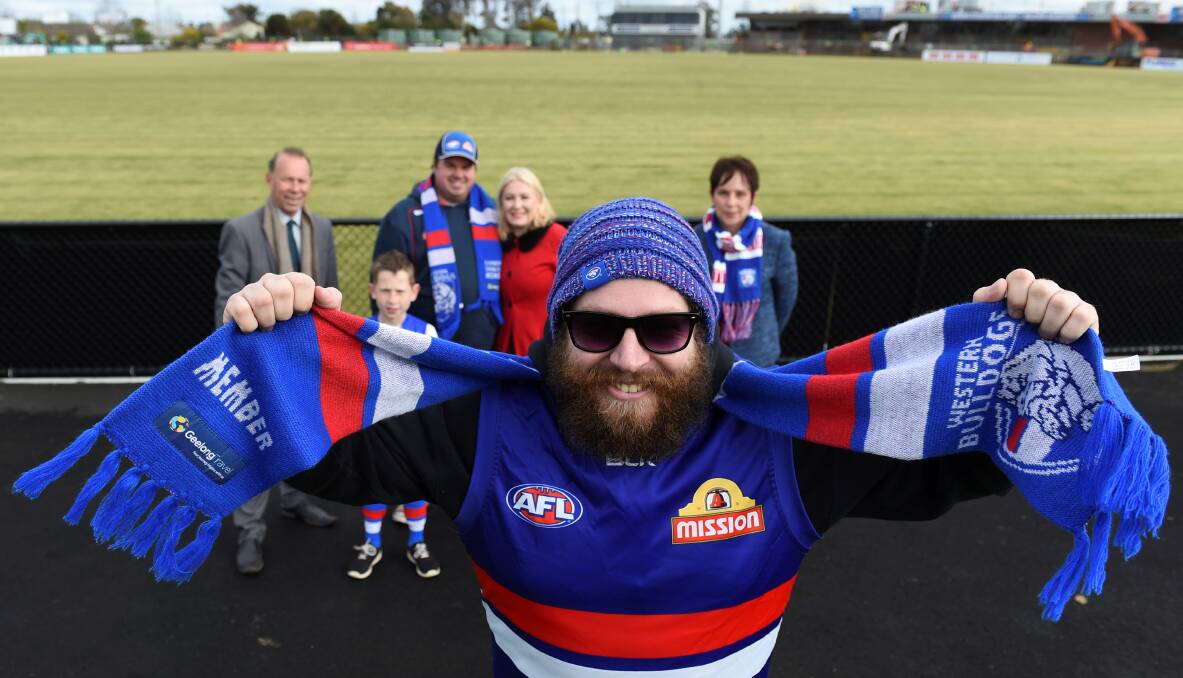 BARKING LOUD: Keegan Byrne shows his true colours for a Eureka Stadium construction inspection on Thursday morning. Picture: Lachlan Bence