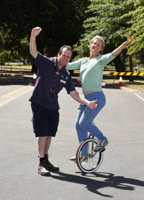 READY: Sprung Circus' Mara Macs and Wendouree scout leader Craig Latrobe are ready to support Classic celebrations on Sunday. Picture: Lachlan Bence