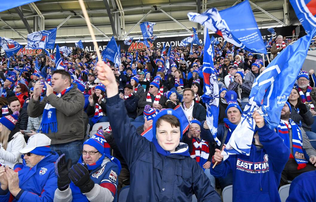 PROUD: Free flags for supporters reinforced this was Bulldogs' territory. Picture: Dylan Burns