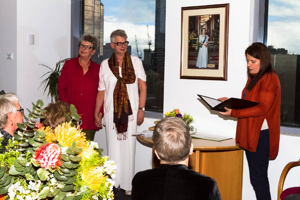 COMMIT: Catriona Good and Katherine Cape marry at the British Consulate. Their marriage will be among the first to be recognised in Australia.