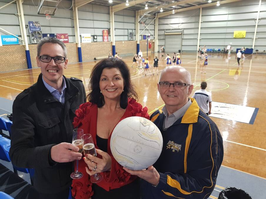 City of Ballarat councillor Ben Taylor, Ballarat mayor Samantha McIntosh and Basketball Ballarat chief executive officer Peter Eddy celebrate the funding announcement on Monday night. 