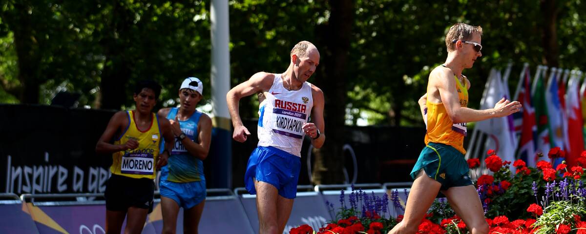 SPOTLIGHT: Jared Tallent ahead of Sergey Kirdyapkin, who went on to win a now-disputed gold medal in this men's 50km walk at the London Games. Picture: Getty Images