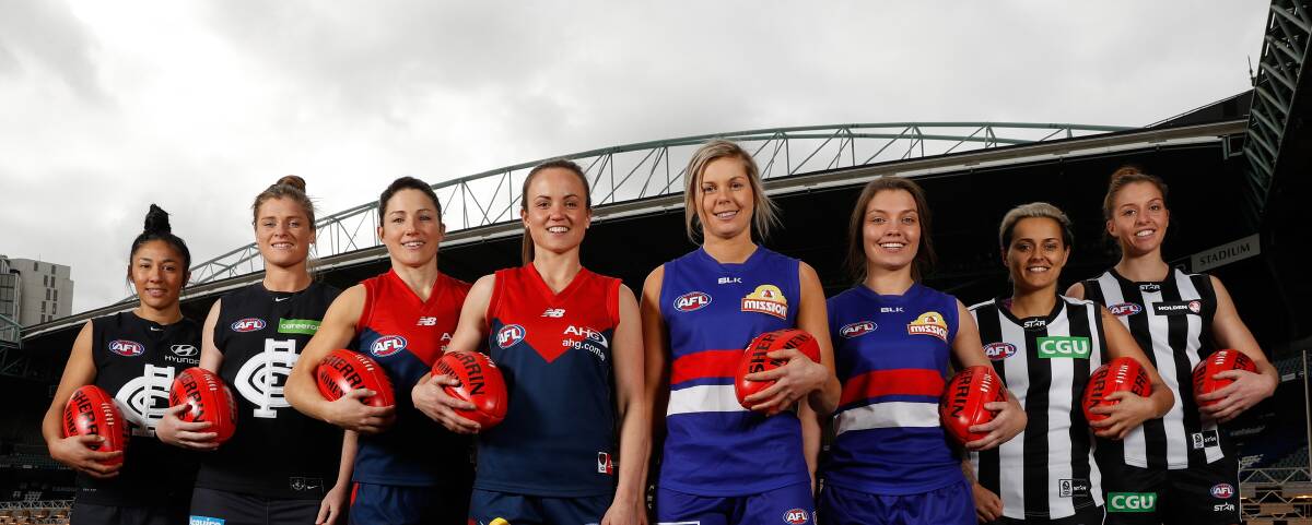 NEW ERA: AFL marquee players Darcy Vescio, Briana Davey, Melissa Hickey, Daisy Pearce, Katie Brennan, Ellie Blackburn, Moana Hope and Emma King. Picture: Getty Images