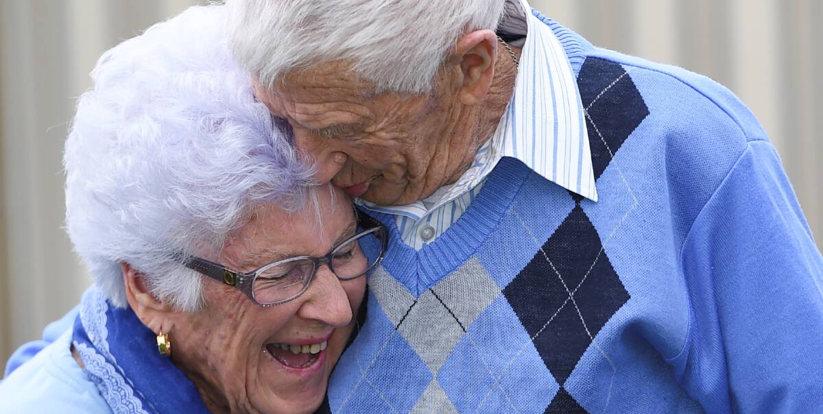 HAPPY: Hilda and Harold Biggs still make each other laugh after 70 years of marriage. They will celebrate the anniversary of their Ballarat war-time wedding this week. Picture: Lachlan Bence