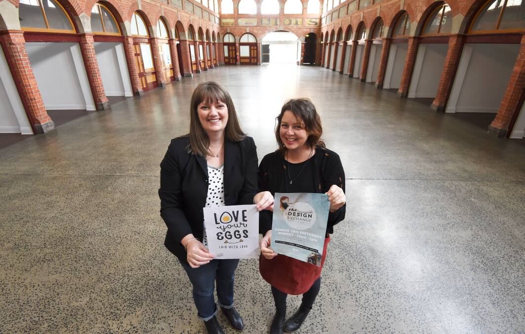 TO MARKET: Love Your Eggs founder Larissa Robins teams up with close friend and Design Exchange's Lyndelle Flintoft at the Mining Exchange.
Picture: Lachlan Bence