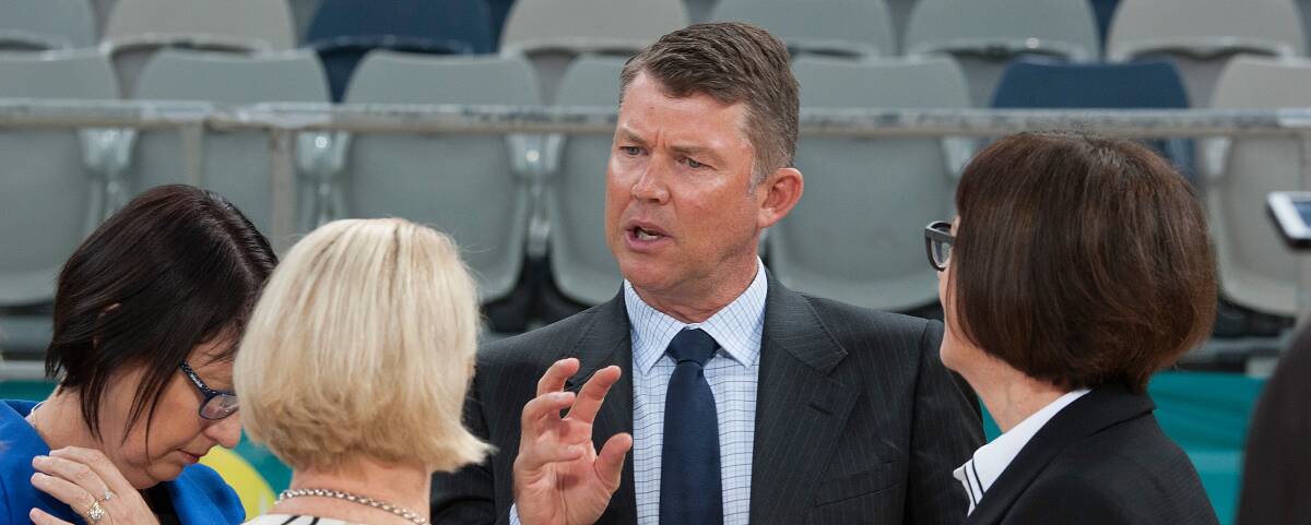 MASTER PLAN: Collingwood chief executive officer Gary Pert outlines the Magpies' bid for a national netball team in a Netball Australia launch at Hisense Arena. Picture: The Age