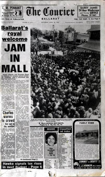 The Courier's front page on the royal visit in the Saturday edition, April 16, 1983.