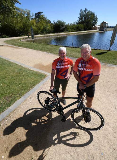 CALL-OUT: AFL icons Michael Malthouse and Danny Frawley, each event ambassadors, are calling on their hometown to get moving and fight cancer with research by Lake Wendouree on February 18. Picture: Lachlan Bence