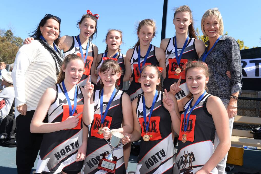BFL 15/under reserves netball premier: North Ballarat. Back: Andrea Mulcahy (Coach), Amy Purtell, Tahlia Skennerton, Lucy Kirwan-Hamilton, Laura Taylor, Gina Haase (Coach). Front: Lucy McKay, Courtney Coutts, Kira Howard and Amelia Cross. Picture: Kate Healy