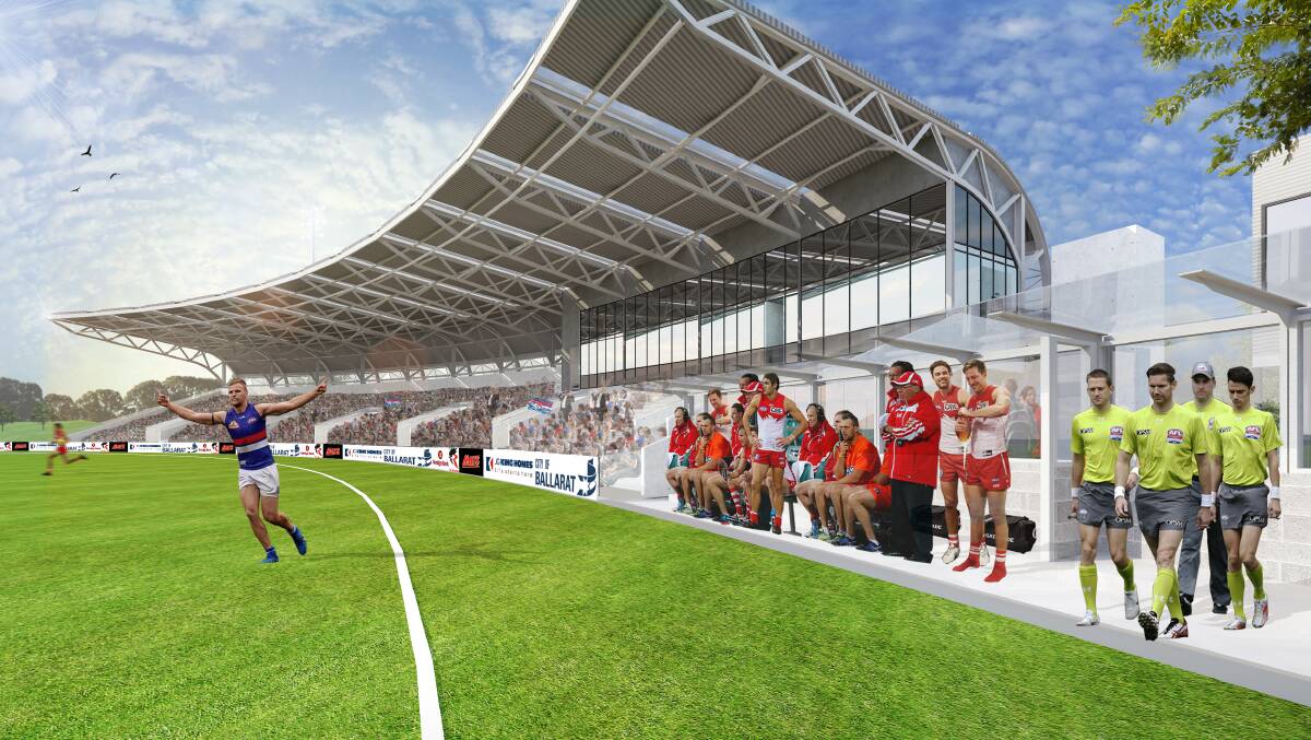 Architectural designs for how Eureka Stadium's new grandstand will look, complete with Western Bulldogs in action.