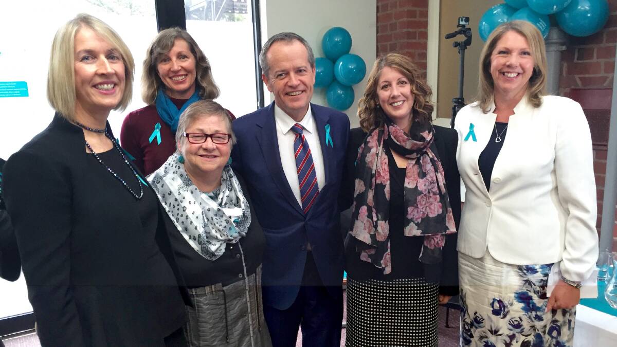 AWARE: Ovarian Cancer Australia chief executive officer Jane Hill, Ballarat's Christine Christy and Dot Cherry, Labor leader Bill Shorten, Mount Waverley's Julie Morgan and Ballarat MP Catherine King MP at Labor's ovarian cancer research announcement on Wednesday.