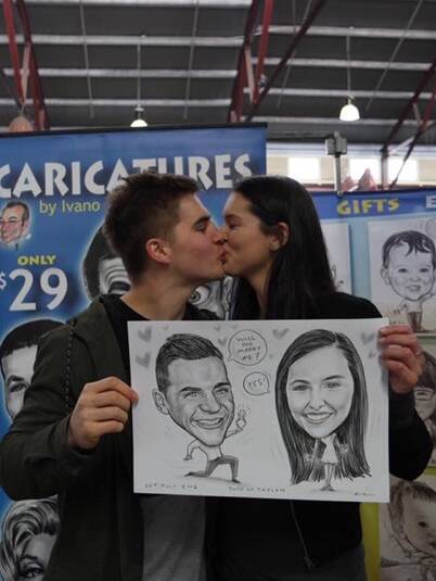 HAPPY COUPLE: Josh Driscoll wants to make you smile on his journey to this moment, when he proposed to his sweetheart Taylah Woolley in caricature. 
