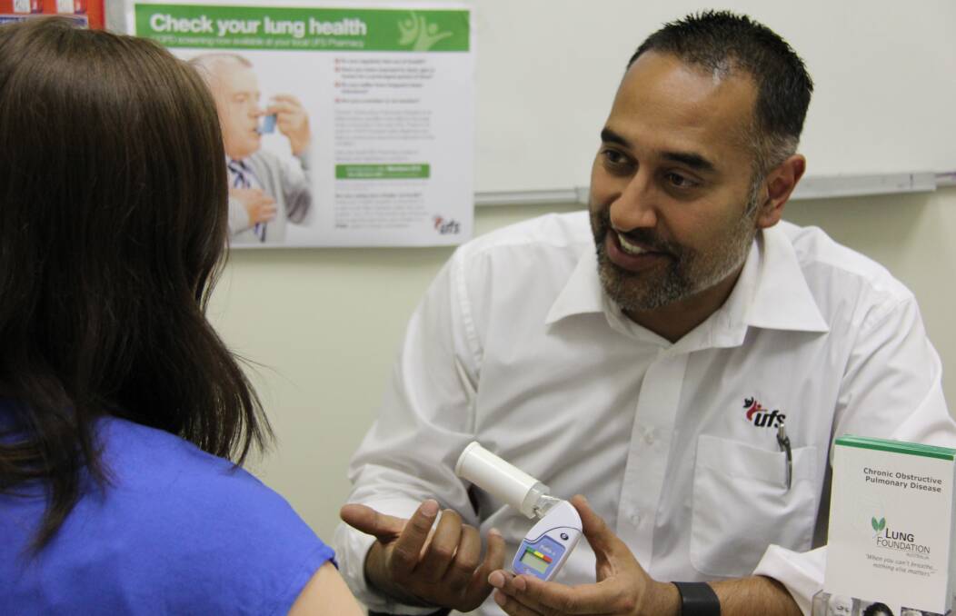 BREATHE EASIER: UFS Dispensaries chief pharmacist Bobby Mehta encourages the region to check their breath with this simple screening process for COPD.