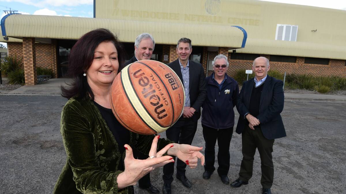 Ballarat mayor Samantha McIntosh, Sovereigns' chairman Bill Mundy, Basketball Ballarat major projects director Nick Grylewicz, events manager Mark Valentine and chief executive officer Peter Eddy on site for the BSEC. Picture: Lachlan Bence