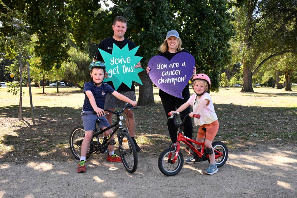 Sam and Peta with Ollie and Spencer Maskell can hardly wait to get moving in the 2024 Ballarat Cycle Classic to support Fiona Elsey Cancer Research Institute. Picture by Adam Trafford