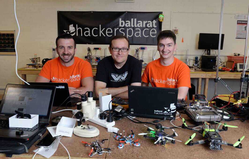 MEET THE HACKERS: Ian Firns, Scott Weston, and Brett James' creative space in Federation University's central tech park.
Picture: Kate Healy