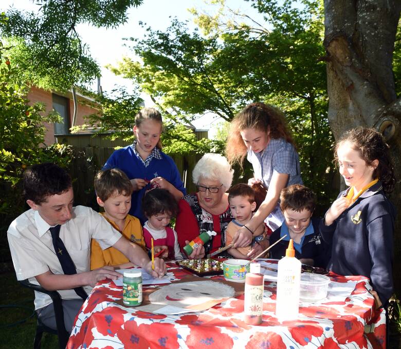 SHOW TIME: Granny Fay Frawley is rallying grandchildren Joshua, 14, Thomas, 6, Emily, 3, Isabella, 12, Patrick, 2, Megan, 16, Lachlan, 11, and Anna, 8, to enter craft and cooking in this year's Ballarat Show. Picture: Kate Healy