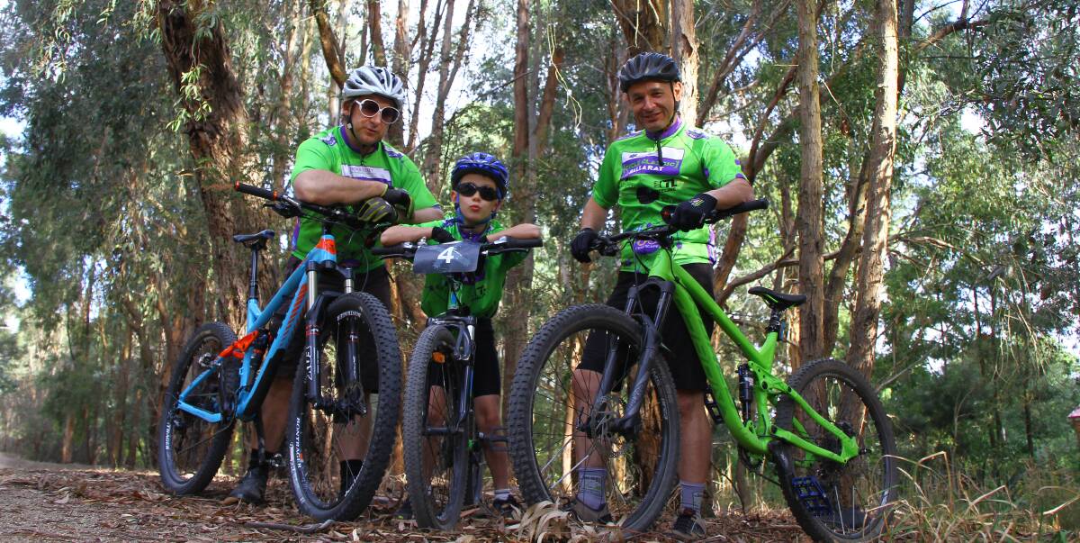 READY TO ROLL: Mountain bikers Antanas Spokevicius and Phillip Timpano with six-year-old Tamas Spokevicius say trails offer a technical challenge for all skills and abilities in Ballarat Cycle Classic.