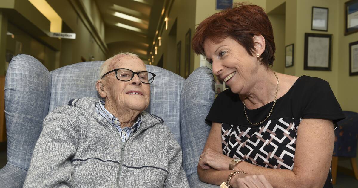 BUSY: Jack Hunt chats to his great-niece Maree Lucas during the day-long celebrations at Hailey House to mark his 100th birthday. Picture: Lachlan Bence