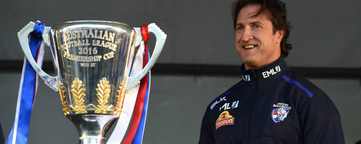 Visit: Bulldogs coach Luke Beveridge brought the cup to Ballarat. He apologised for no players, saying the club over-estimated what it could achieve after the win. 