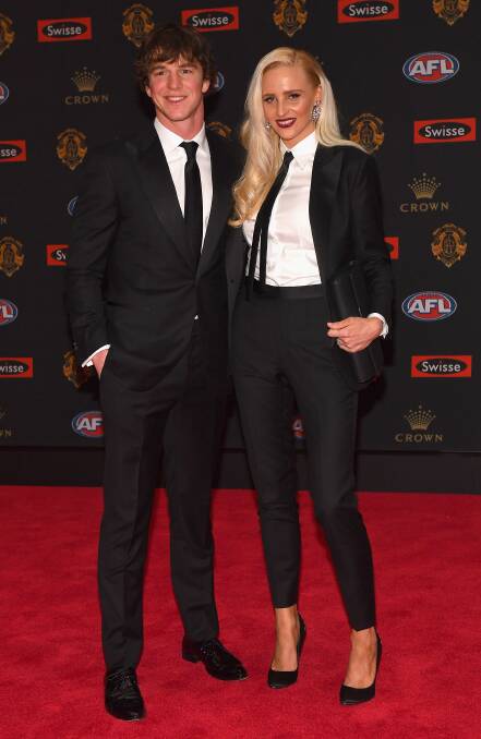 Western Bulldogs Liam Picken, a former North Ballarat Rebel, and Ballarat's Annie Nolan make a statement on the Brownlow Medal red carpet on Monday night. Picture: Getty Images