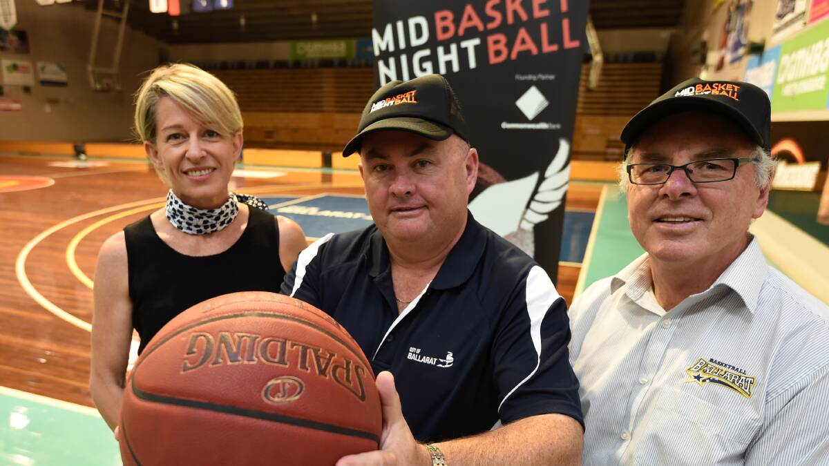 Midnight Basketball Australia chief executive officer Tess White, mayor Des Hudson and Midnight Basketball Ballarat chairman Mark Valentine launch the program in March. Picture: Lachlan Bence 