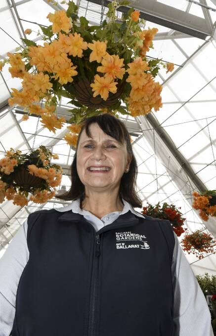 City of Ballarat gardens and nursery curator Donna Thomas with a weeping begonia. Picture by Lachlan Bence