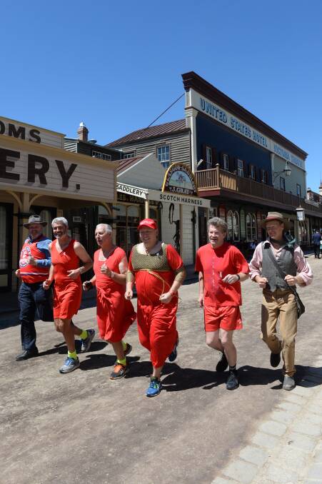 SET: White Ribbon's Barry Kay, Hashers James Robertson, Headen Cuthbert, Brent Edwards, Rob Quilty and Digger Mick Durham train at Sovereign Hill. Picture: Kate Healy
