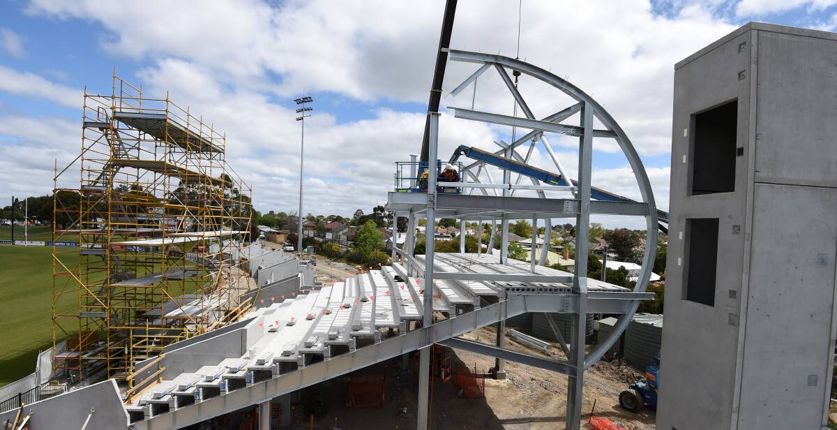 SHAPE UP: Rafters for the bracing bay in the western grandstand will start on Wednesday. Picture: Lachlan Bence