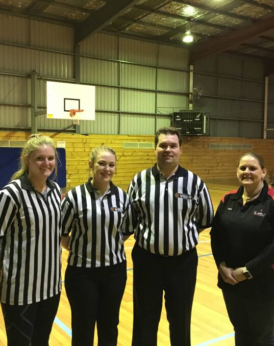 SUPPORT: Ballarat referees Chloe Ronan and Chris Crosbie join with Ararat referee Chloe Dunmore and Ararat Basketball's Donna Dunmore for finals this week.