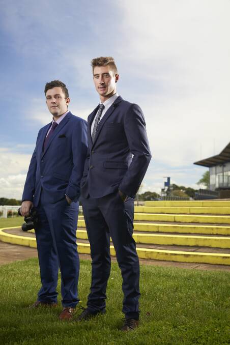 Sharp: Jared Daniel (dressed by Ed Harry) and Matt Jukes (dressed by Connor) prove slim blue suits will be in full-force at the 2017 Ballarat Cup. Pictures: Luka Kauzlaric 