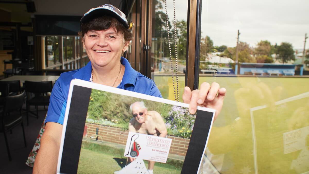Baring all: Ballarat East Bowling Club sponsorship manager Catherine Phillips shows off their cheeky nude fundraising calendar, with proceeds going to refurbishing the top green. Picture: Luka Kauzlaric. 