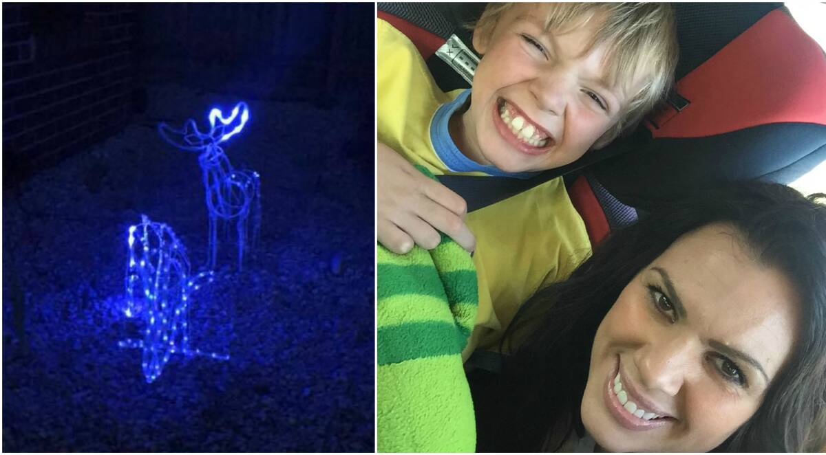 Still spirited: Kolbe Poole and her eight-year old son Hunter, who has autism, were the victims of vandalism with $200 of Christmas lights destroyed. 
