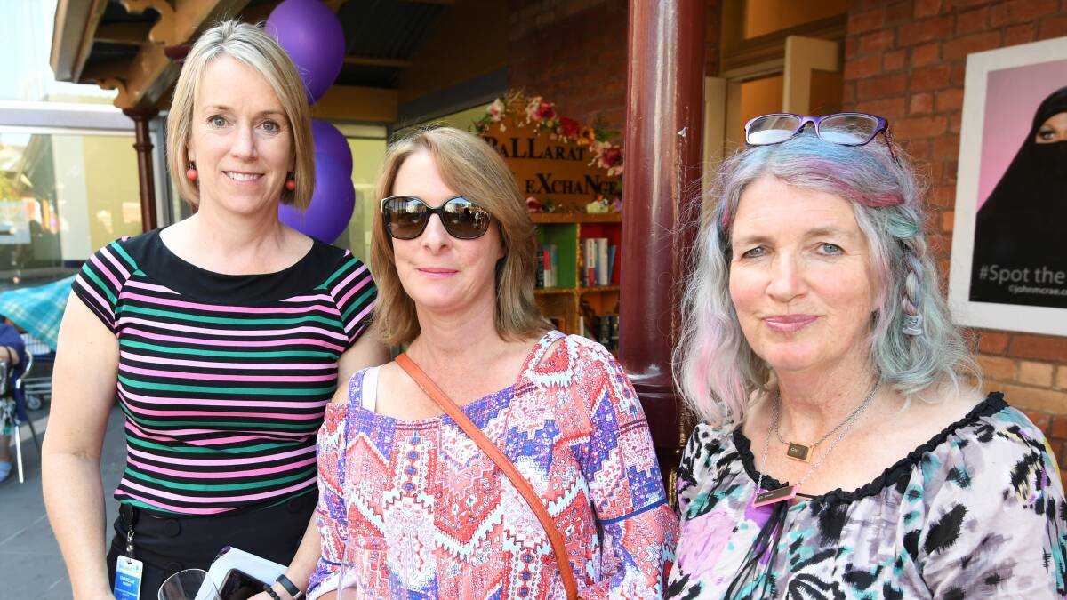 
Afternoon tea: Sharelle Knight, Louise Buckle-Smith and Christine Hickson at Alfred Deakin Place. Picture: Lachlan Bence