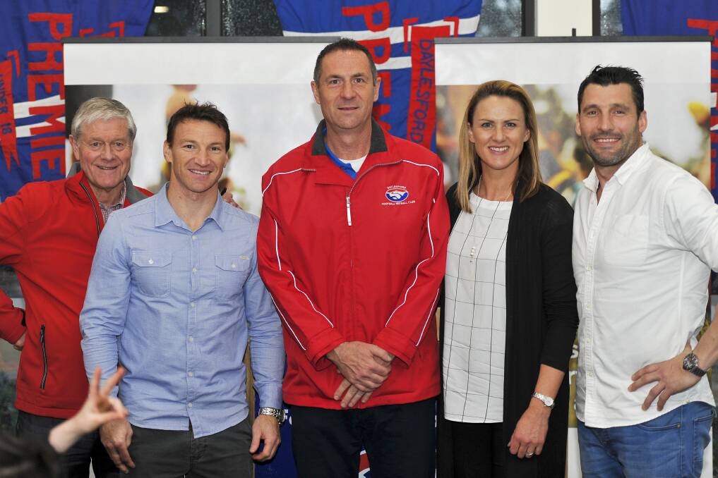 SPORTING GREATS: David Parkin, Brent Harvey, Daylesford FNC president Guy McLeod, Sharelle McMahon and Russell Robertson. Pictures: Dylan Burns