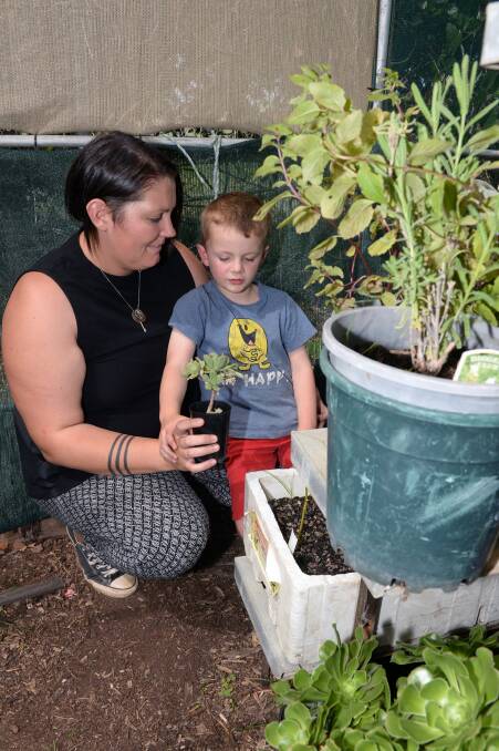 Into the garden: Four-year-old Joe O'Loughlan and mum Courtney O'Loughlan were keen to get a feel for the Ballarat Community Garden ahead of Sunday's Harvest Festival.  Picture: Kate Healy. 